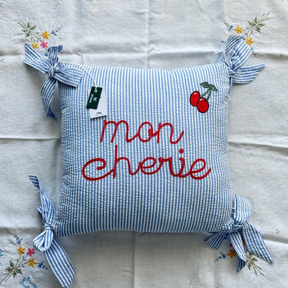 NWT Urban Oufitters Mon Cherie Seersucker Throw Pillow 16x16 Blue White Cherry